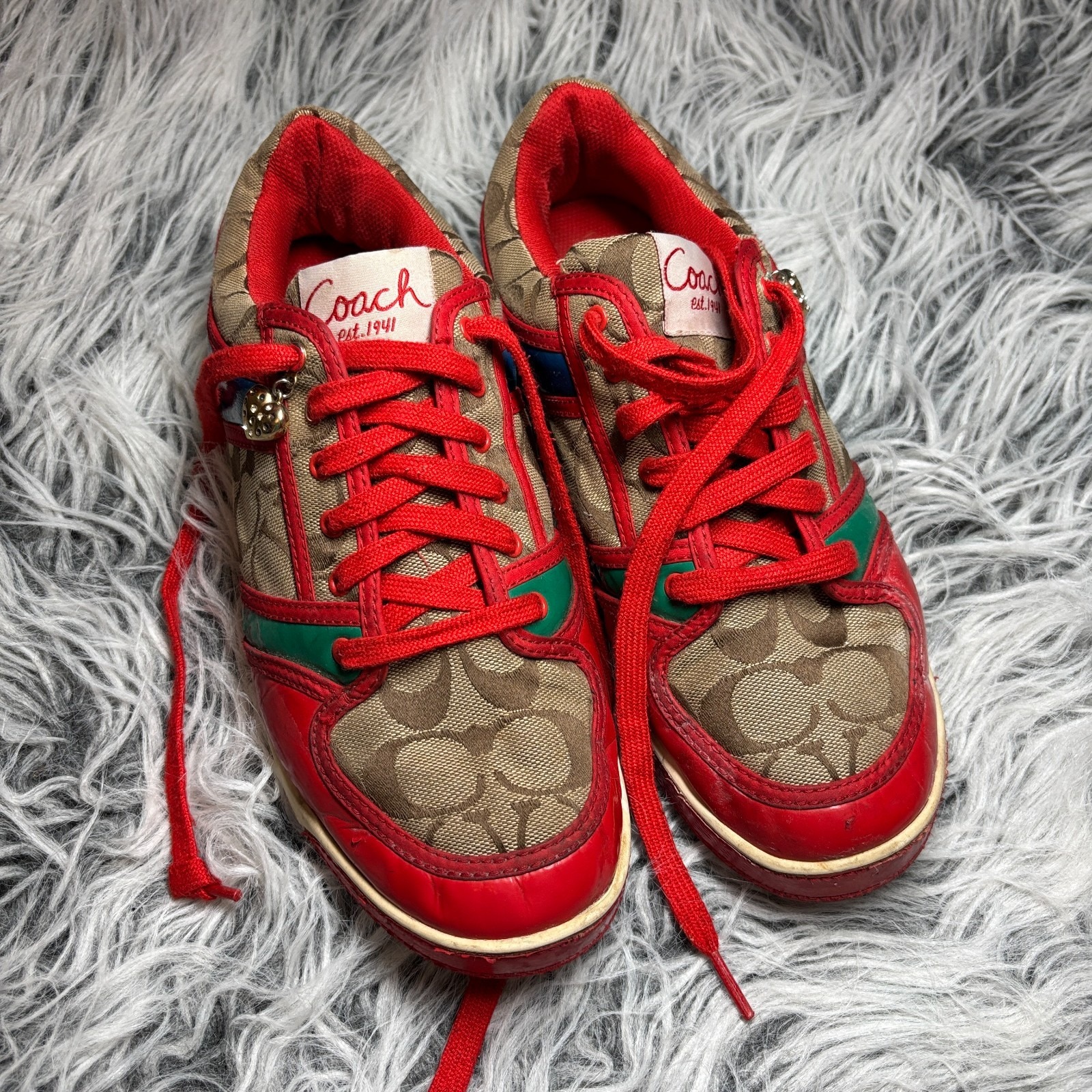 Vtg Coach Canvas Leather Sneakers Red Monogram Signature Colorblock Us Sz 9.5